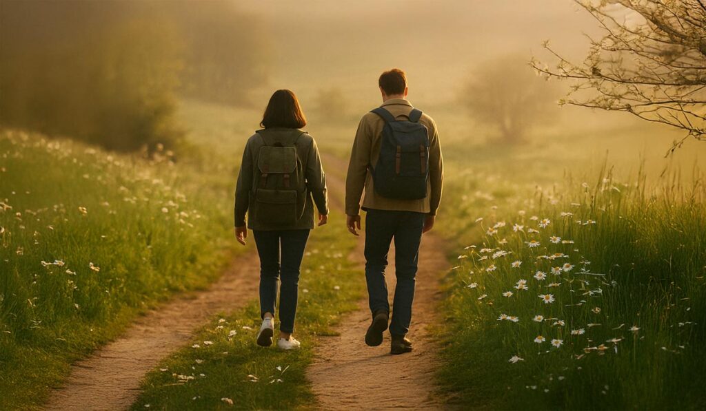donna e uomo di spalle, con zaino, in cammino in un sentiero in mezzo alla campagna primaverile