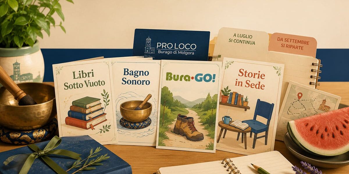 I primi appuntamenti della Pro Loco Burago Volantini delle attività della Pro Loco Burago disposti su un tavolo: Libri Sotto Vuoto, Bagno Sonoro, Bura•GO! e Storie in Sede, con materiali che richiamano gli appuntamenti estivi.