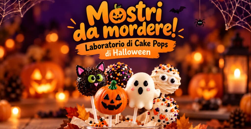 Laboratorio di Cake Pops di Halloween a Burago di Molgora con dolcetti decorati a forma di zucca, fantasma e mostriciattoli